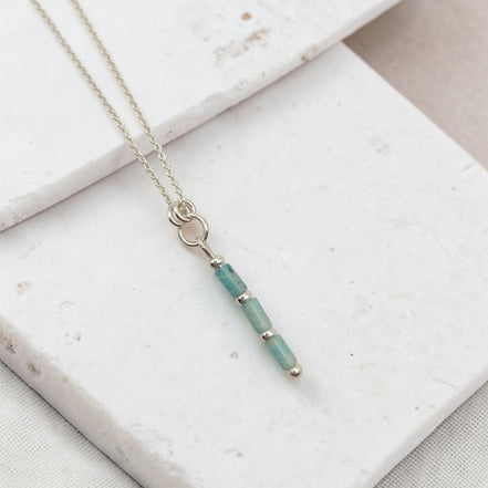 Bijou by SAM River Stone necklace featuring natural blue-green Amazonite tube beads on a delicate sterling silver chain.