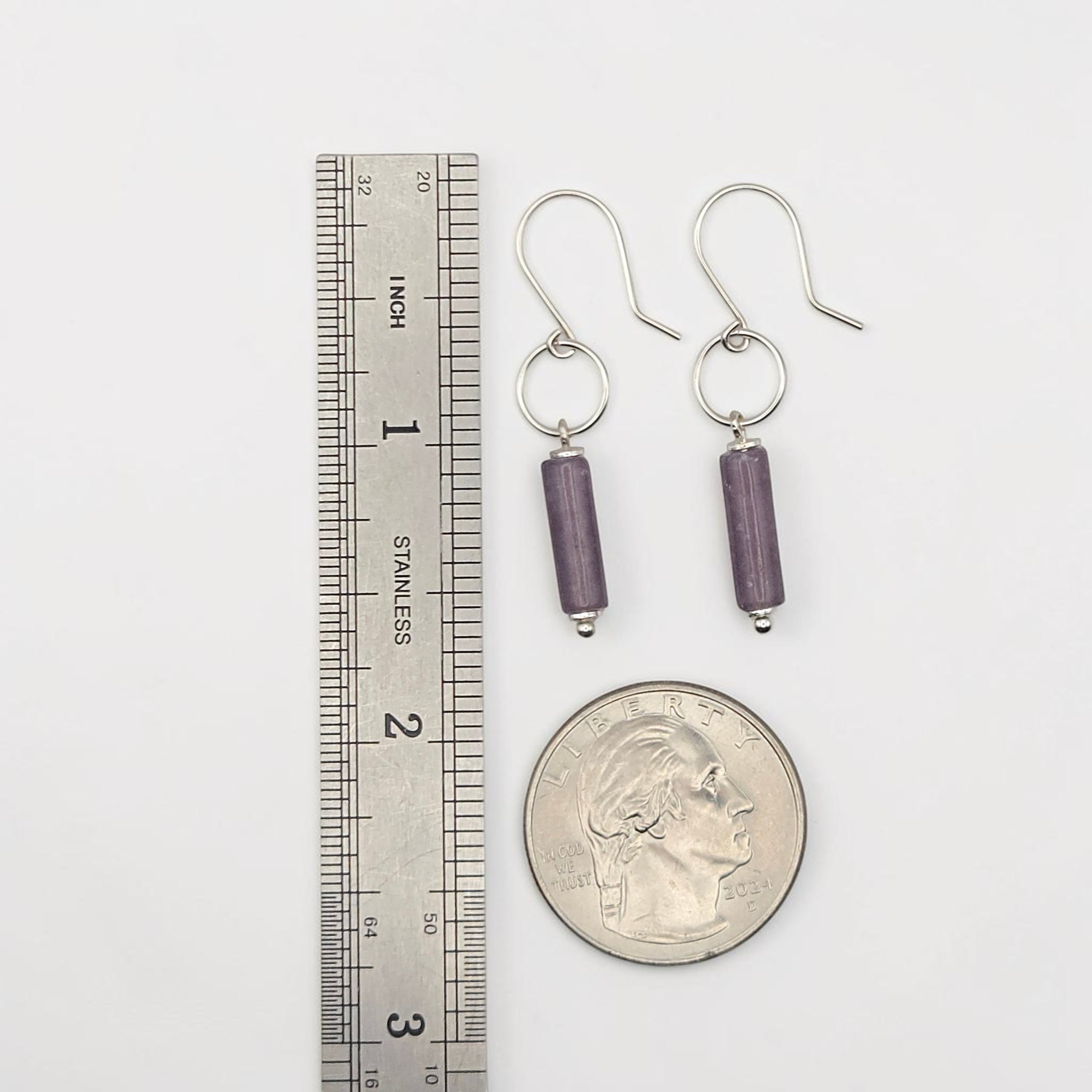 Bijou by SAM Sophia earrings featuring purple amethyst cylinders on handcrafted sterling silver hoops and earwires.