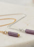 Bijou by SAM Sophia necklace featuring natural purple amethyst cylinder beads on gold fill and sterling silver chains.