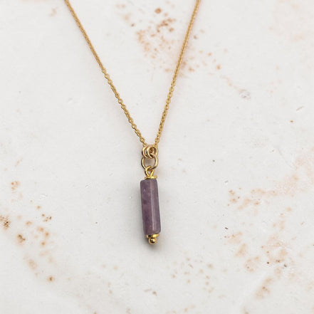 Bijou by SAM Sophia necklace featuring a natural purple amethyst cylinder bead on a delicate 14k gold fill chain.