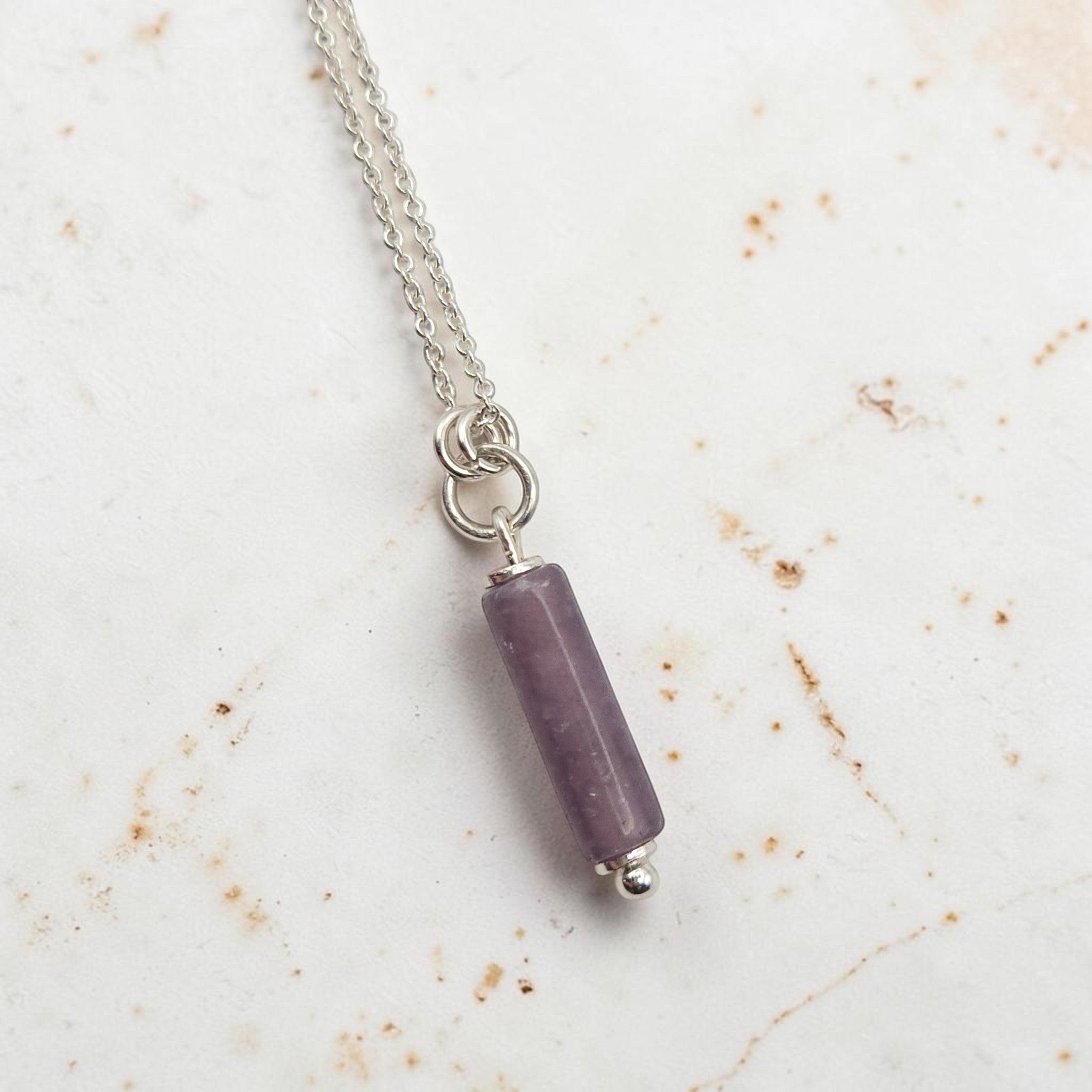 Bijou by SAM Sophia necklace featuring a natural purple amethyst cylinder bead on a delicate sterling silver chain.
