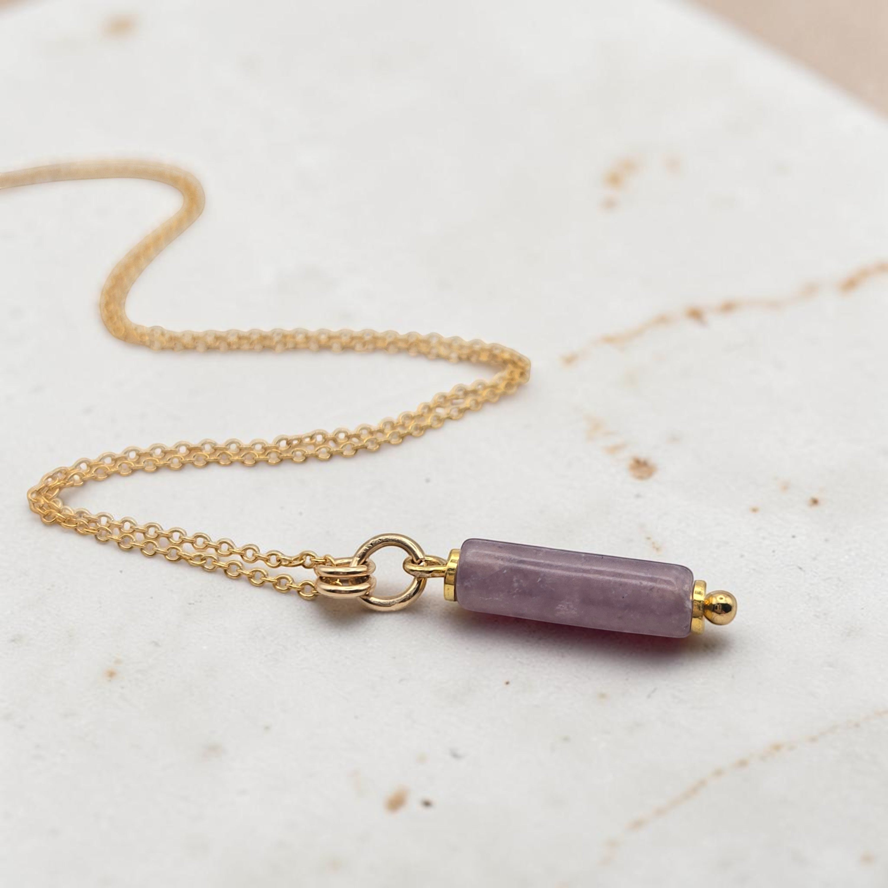 Bijou by SAM Sophia necklace featuring a natural purple amethyst cylinder bead on a delicate 14k gold fill chain.