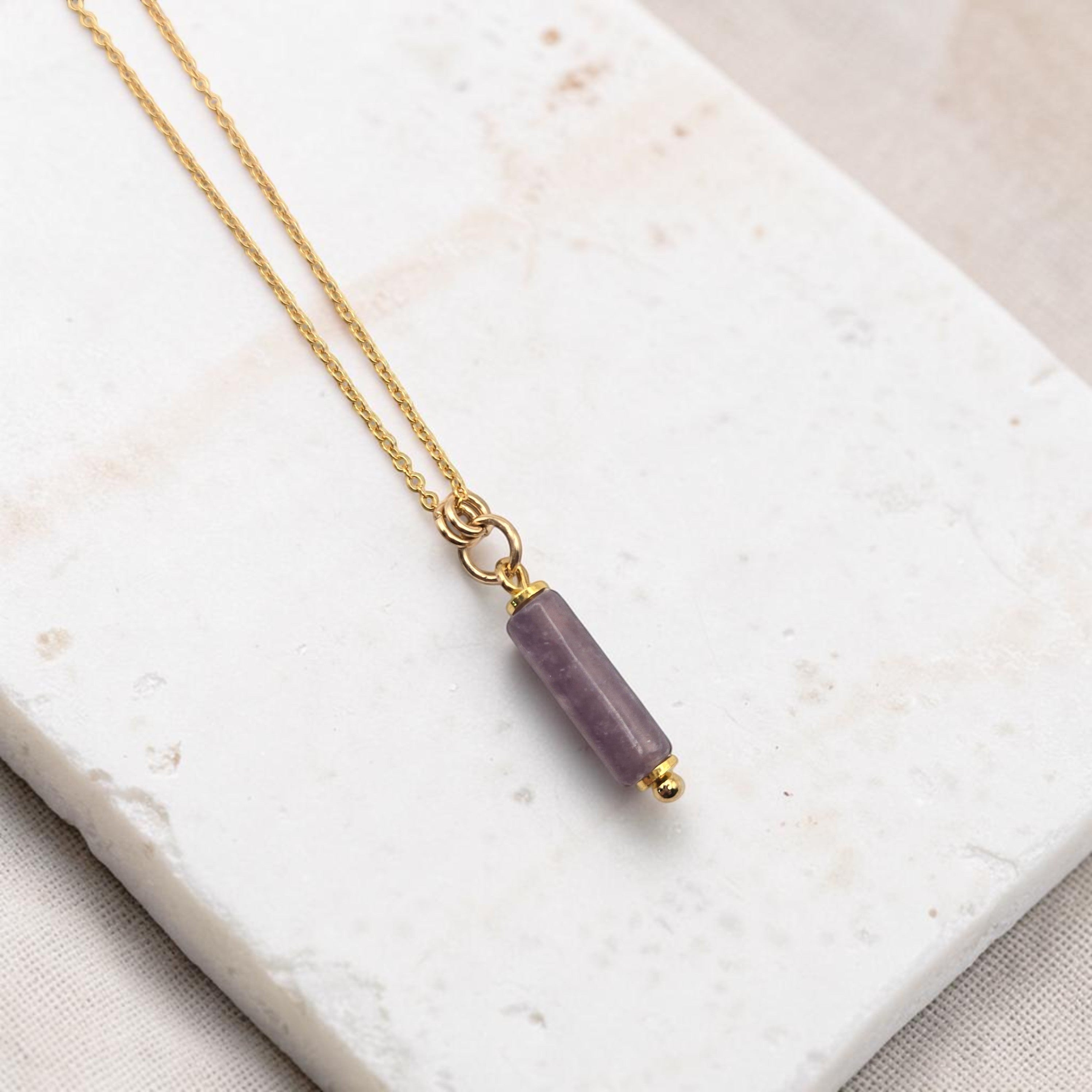 Bijou by SAM Sophia necklace featuring a natural purple amethyst cylinder bead on a delicate 14k gold fill chain.