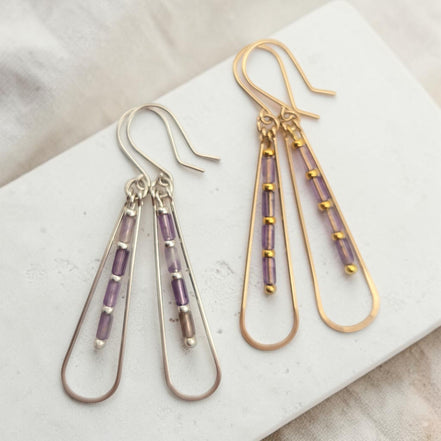 Bijou by SAM Twilight Ridge teardrop earrings with purple amethyst beads in gold fill and sterling silver hoops.