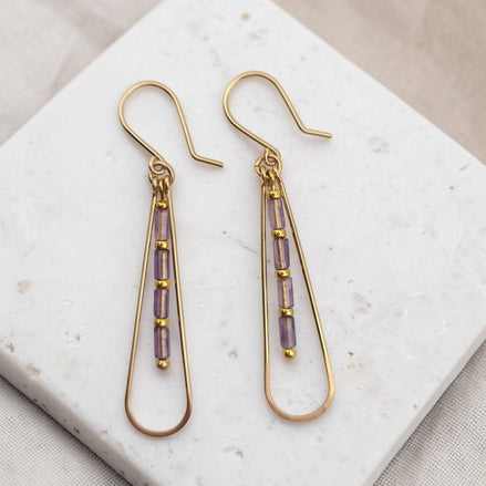 Bijou by SAM Twilight Ridge teardrop earrings featuring purple amethyst tube beads and 14k gold fill hoops.