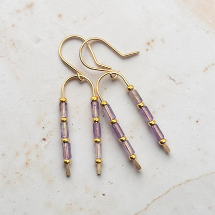Bijou by SAM handcrafted wishbone earrings featuring purple amethyst tube stones and 14k gold fill wire
