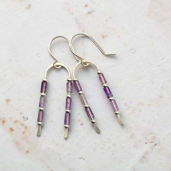 Bijou by SAM handcrafted wishbone earrings featuring purple amethyst tube stones on sterling silver wire