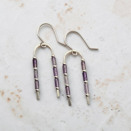 Bijou by SAM handcrafted wishbone earrings featuring purple amethyst tube stones on sterling silver wire arcs.