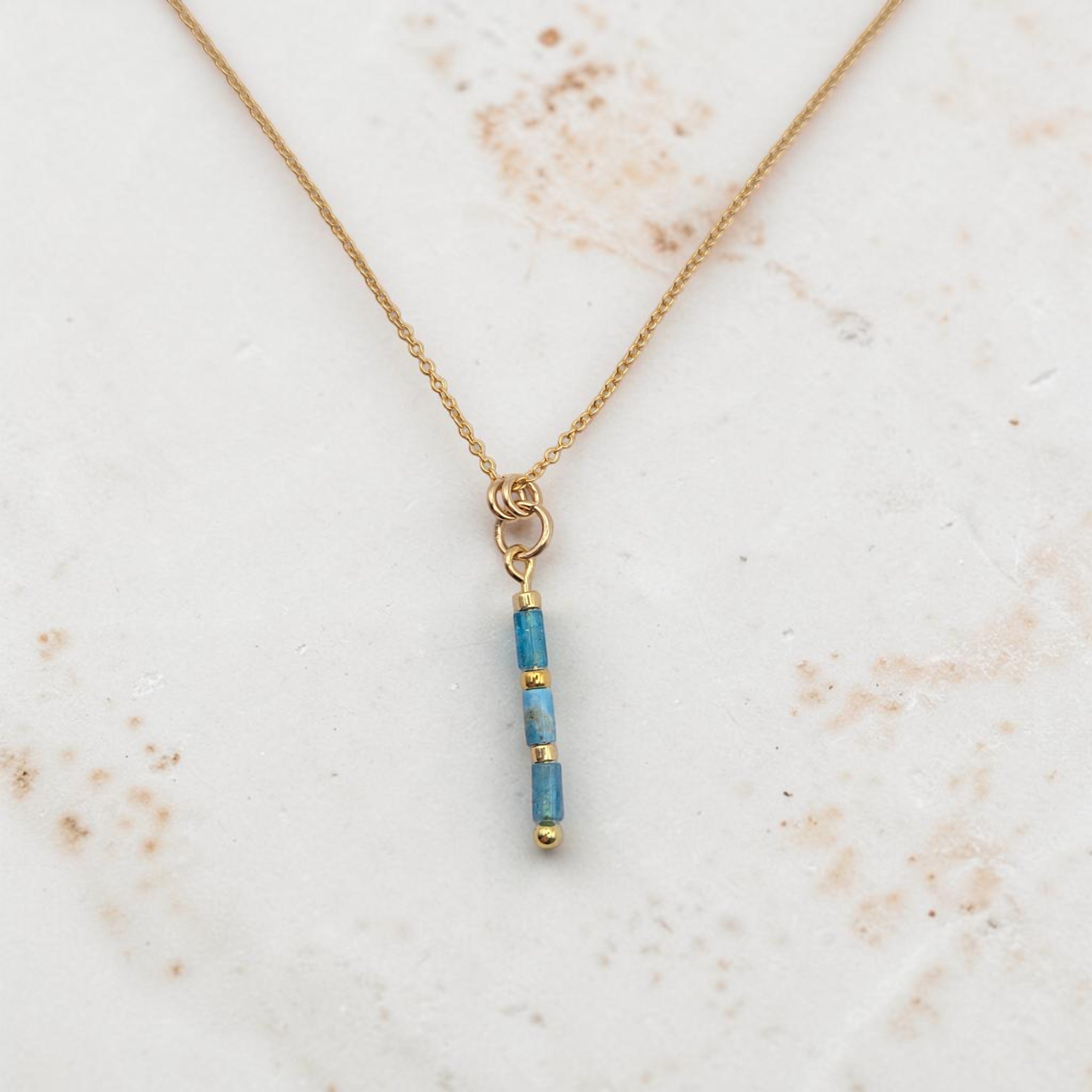 Bijou by SAM Still Water necklace featuring blue natural apatite tube beads on a delicate 14k gold fill chain.