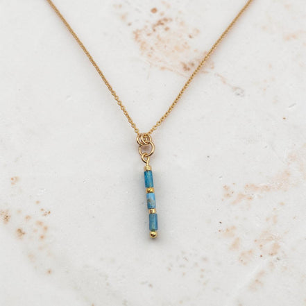 Bijou by SAM Still Water necklace featuring blue natural apatite tube beads on a delicate 14k gold fill chain.