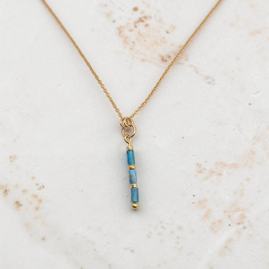 Bijou by SAM Still Water necklace featuring blue natural apatite tube beads on a delicate 14k gold fill chain.