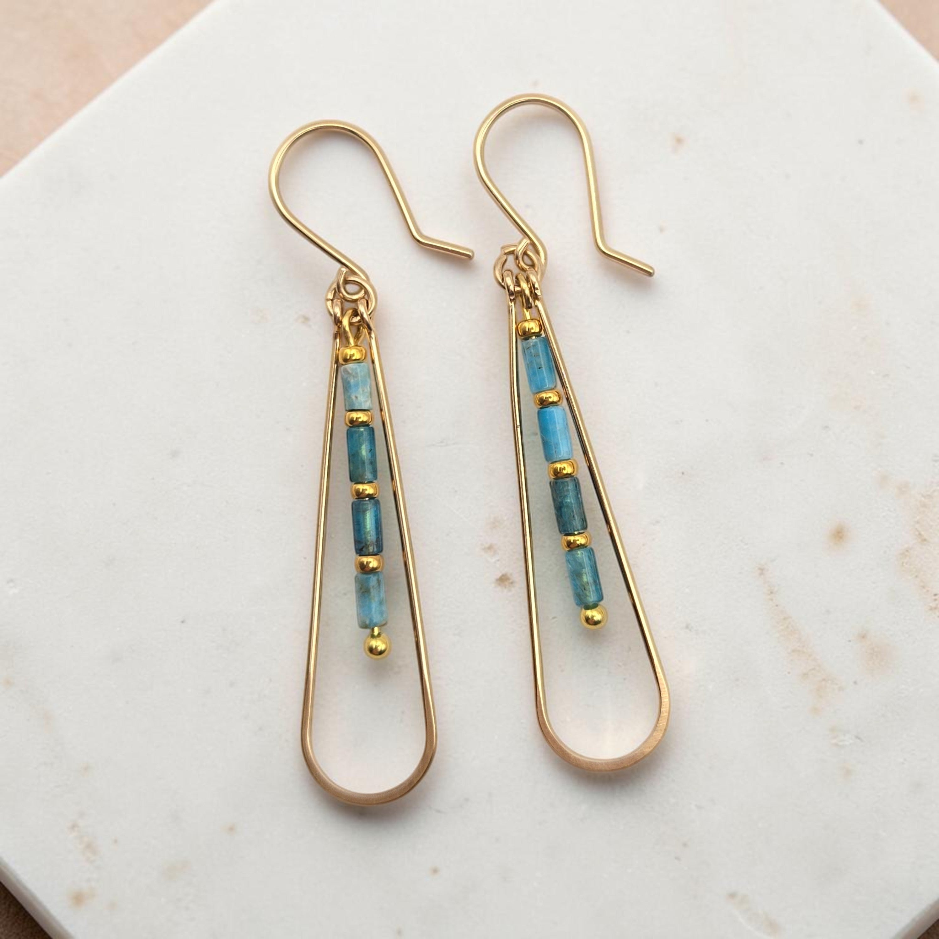 Bijou by SAM Still Water teardrop earrings featuring blue Apatite tube beads and 14k gold fill hoops.