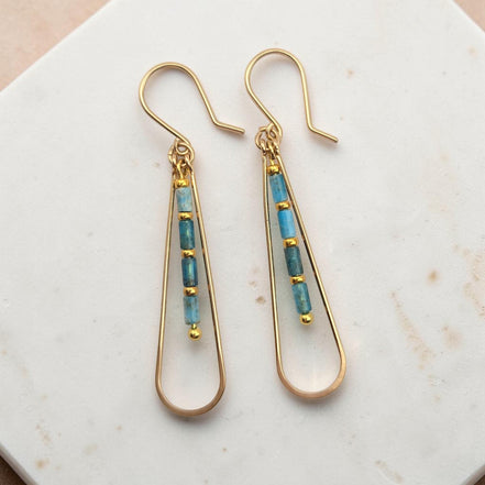 Bijou by SAM Still Water teardrop earrings featuring blue Apatite tube beads and 14k gold fill hoops.