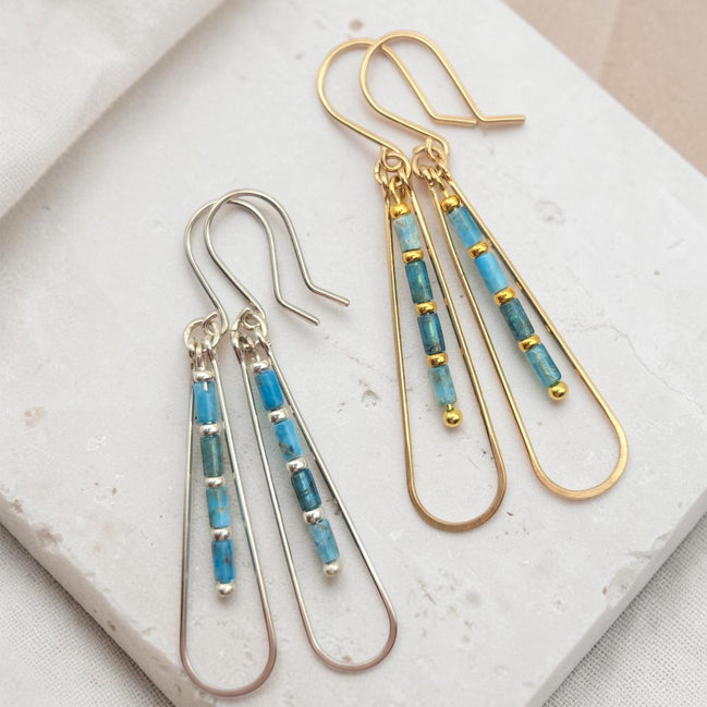Bijou by SAM Still Water teardrop earrings with blue Apatite beads in gold fill and Argentium sterling silver.