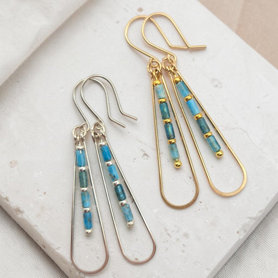 Bijou by SAM Still Water teardrop earrings with blue Apatite beads in gold fill and Argentium sterling silver.