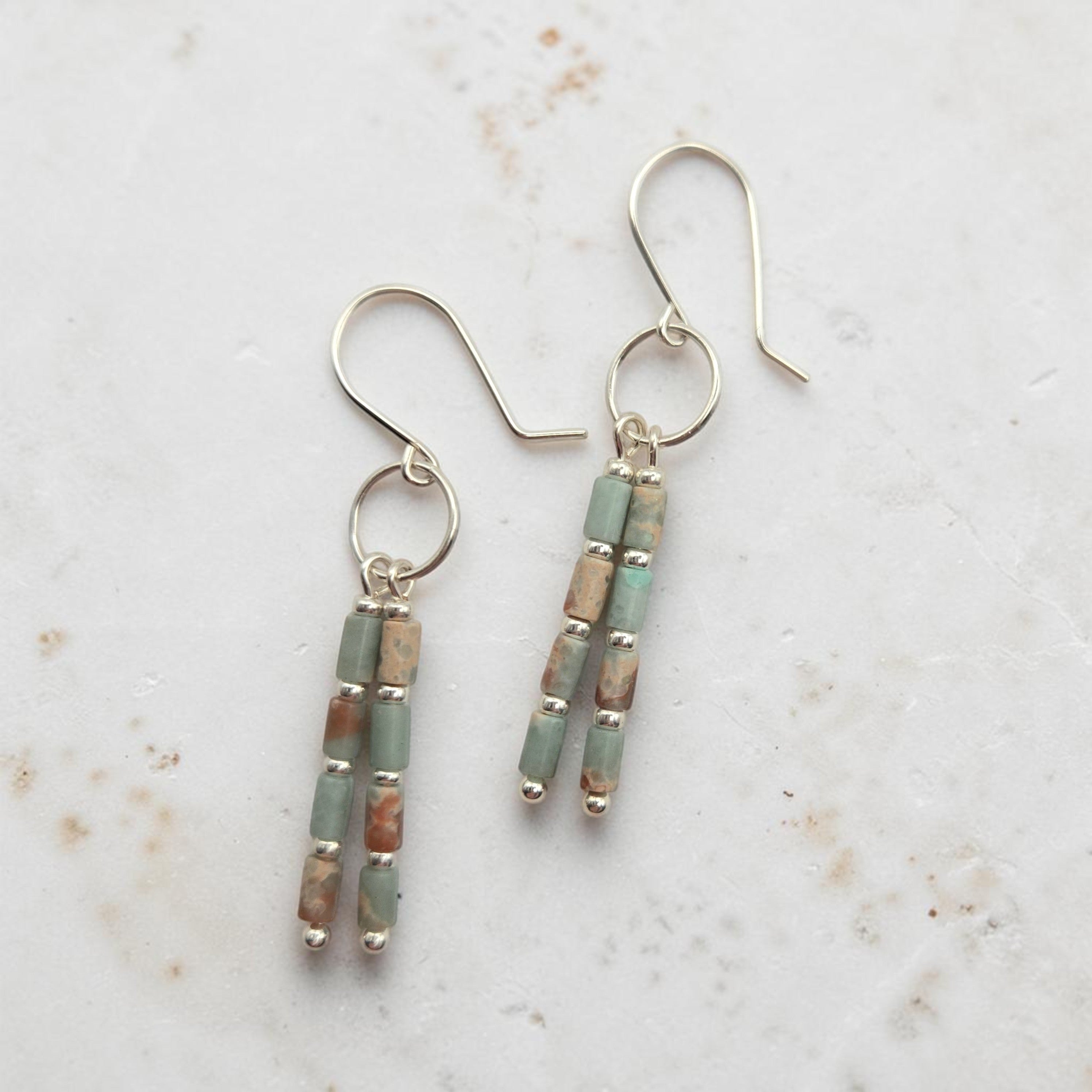 Bijou by SAM Big Sky earrings featuring Aqua Terra Jasper tube beads and sterling silver handmade hoops.