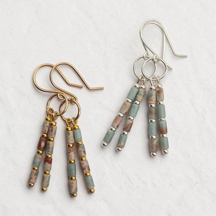 Bijou by SAM Big Sky earrings featuring Aqua Terra Jasper tube beads in 14k gold fill and sterling silver dangles.