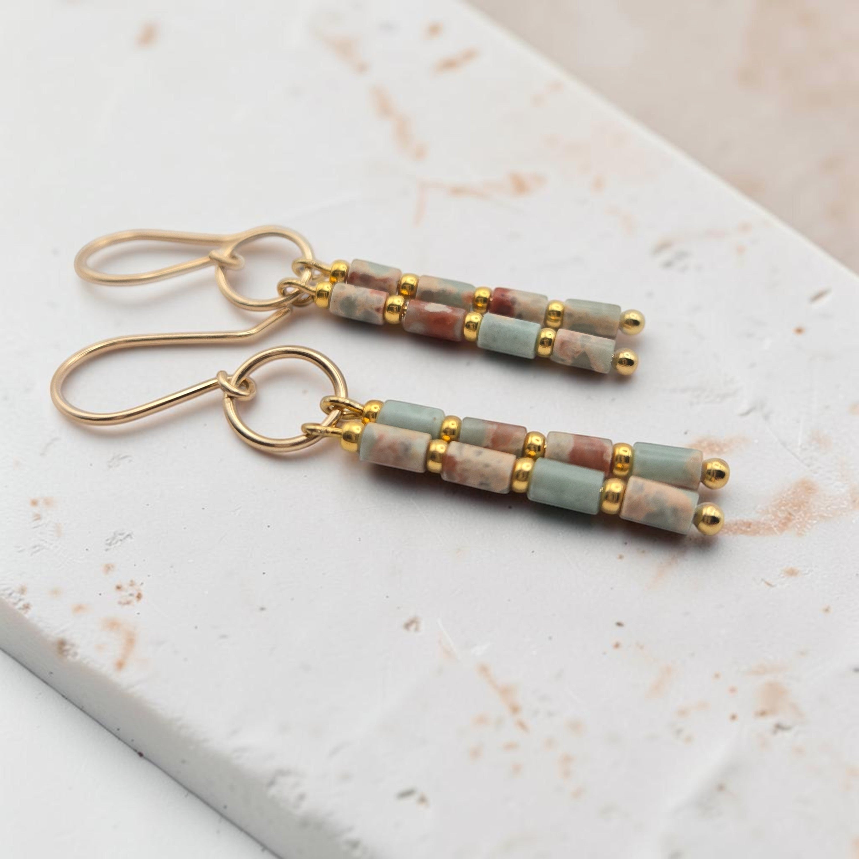 Bijou by SAM Big Sky dangle earrings featuring Aqua Terra Jasper tube beads and 14k gold fill handmade hoops.