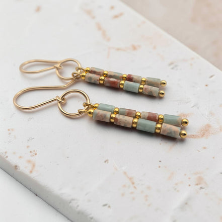Bijou by SAM Big Sky dangle earrings featuring Aqua Terra Jasper tube beads and 14k gold fill handmade hoops.