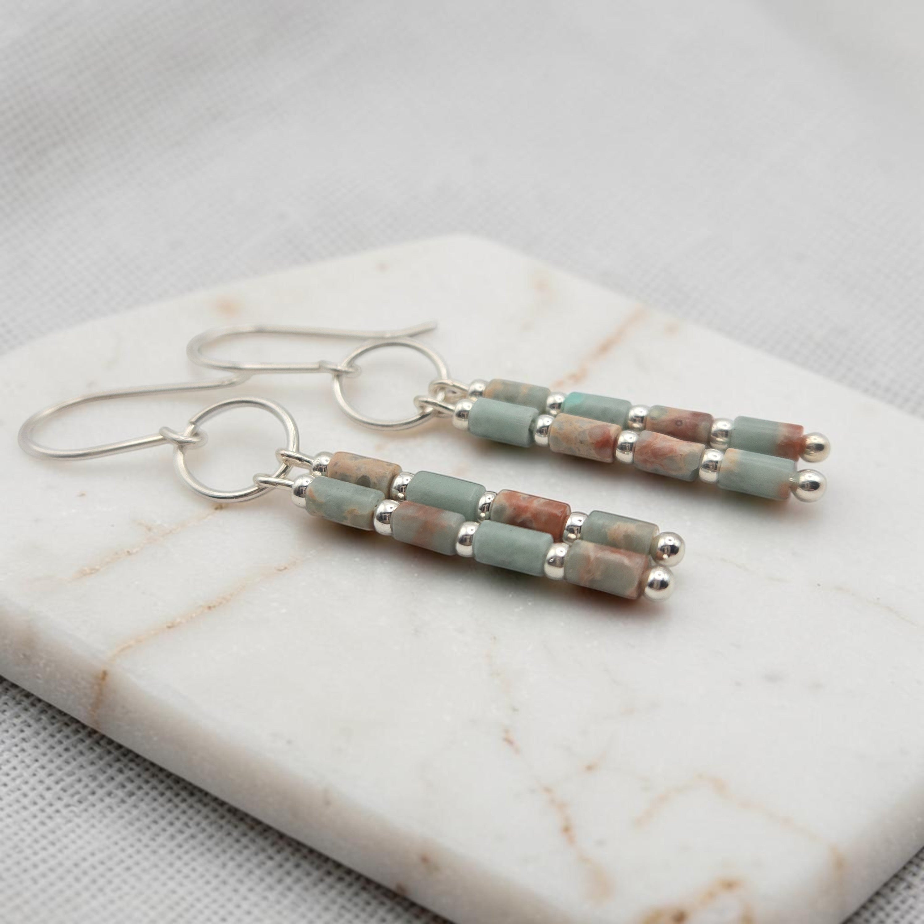 Bijou by SAM Big Sky dangle earrings featuring natural Aqua Terra Jasper tube beads and sterling silver hoops.