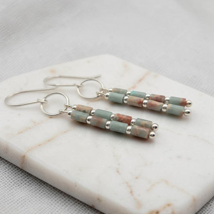 Bijou by SAM Big Sky dangle earrings featuring natural Aqua Terra Jasper tube beads and sterling silver hoops.