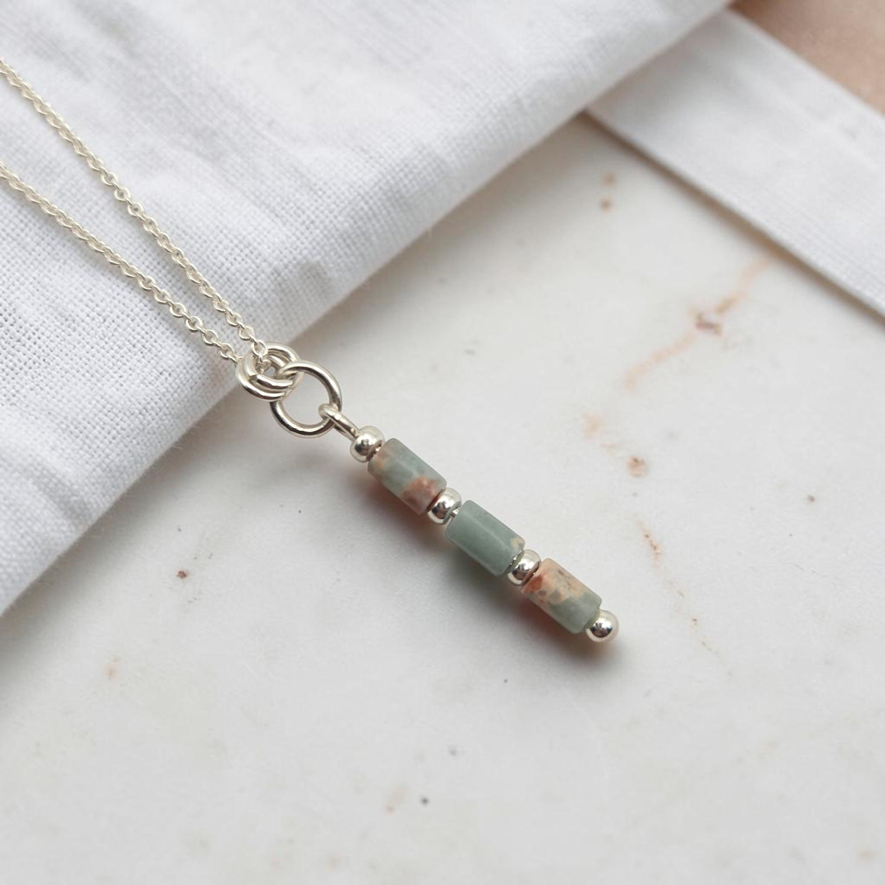 Bijou by SAM Big Sky necklace featuring natural aqua terra jasper tube beads on a delicate sterling silver chain.