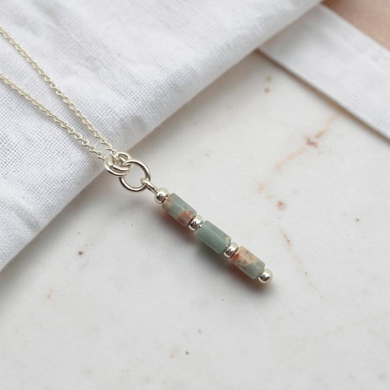 Bijou by SAM Big Sky necklace featuring natural aqua terra jasper tube beads on a delicate sterling silver chain.