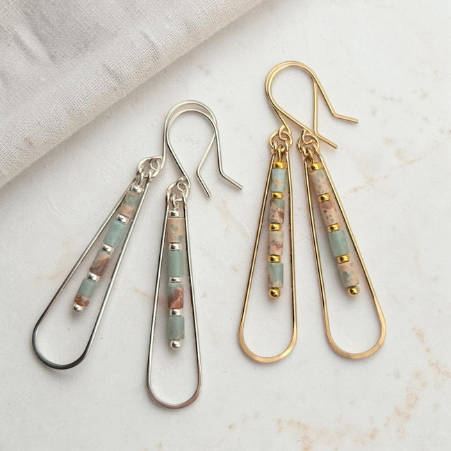 Bijou by SAM Open Sky teardrop earrings featuring Aqua Terra Jasper tube beads in gold fill and sterling silver.