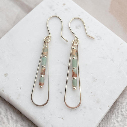 Bijou by SAM Open Sky teardrop earrings featuring natural Aqua Terra Jasper tube beads in sterling silver hoops.