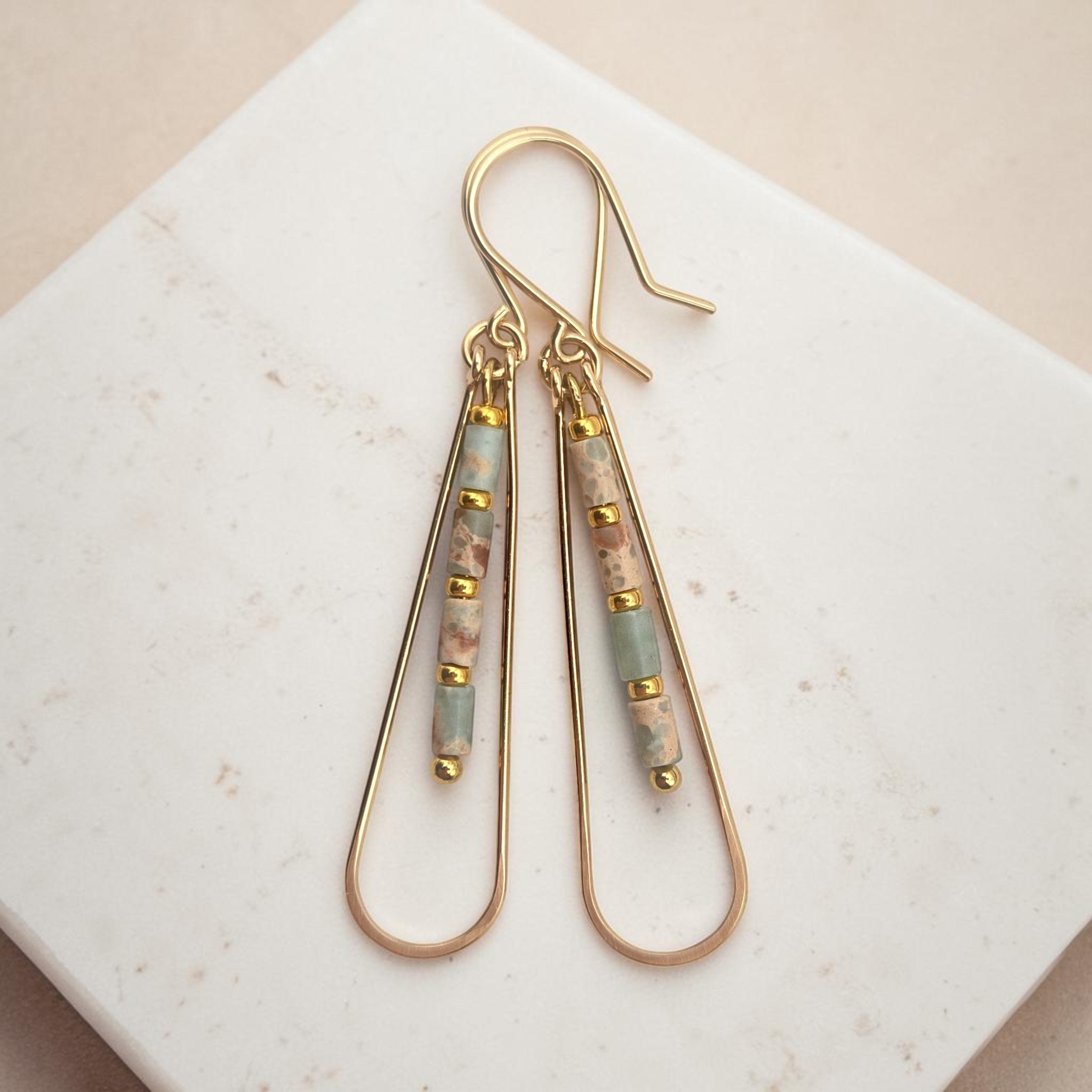 Bijou by SAM Open Sky teardrop earrings featuring Aqua Terra Jasper tube beads and 14k gold fill hoops.
