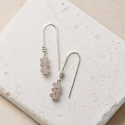 Bijou by SAM Aurora threader earrings featuring blush pink rose quartz beads on sterling silver wire on a stone base.