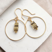 Bijou by SAM handmade 14k gold fill hoop earrings featuring a delicate stack of square-cut bicolor quartz gemstones.