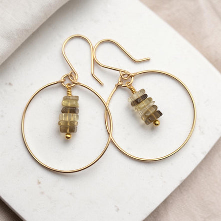 Bijou by SAM handmade 14k gold fill hoop earrings featuring a delicate stack of square-cut bicolor quartz gemstones.