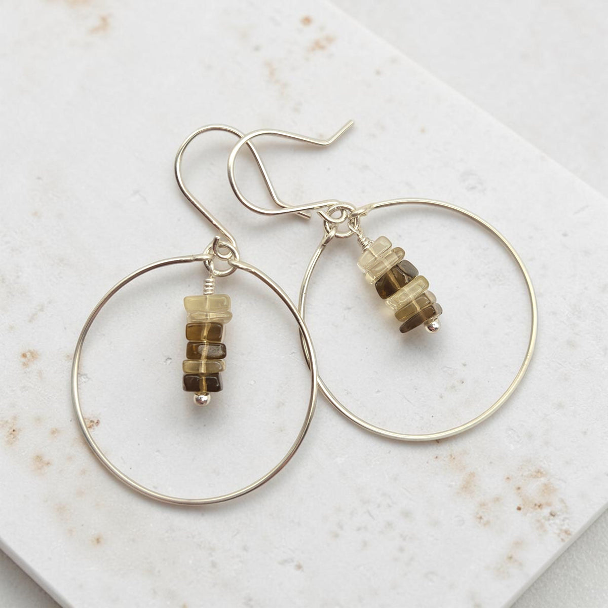 Bijou by SAM handmade sterling silver hoop earrings featuring delicate square-cut bicolor quartz gemstone stacks.