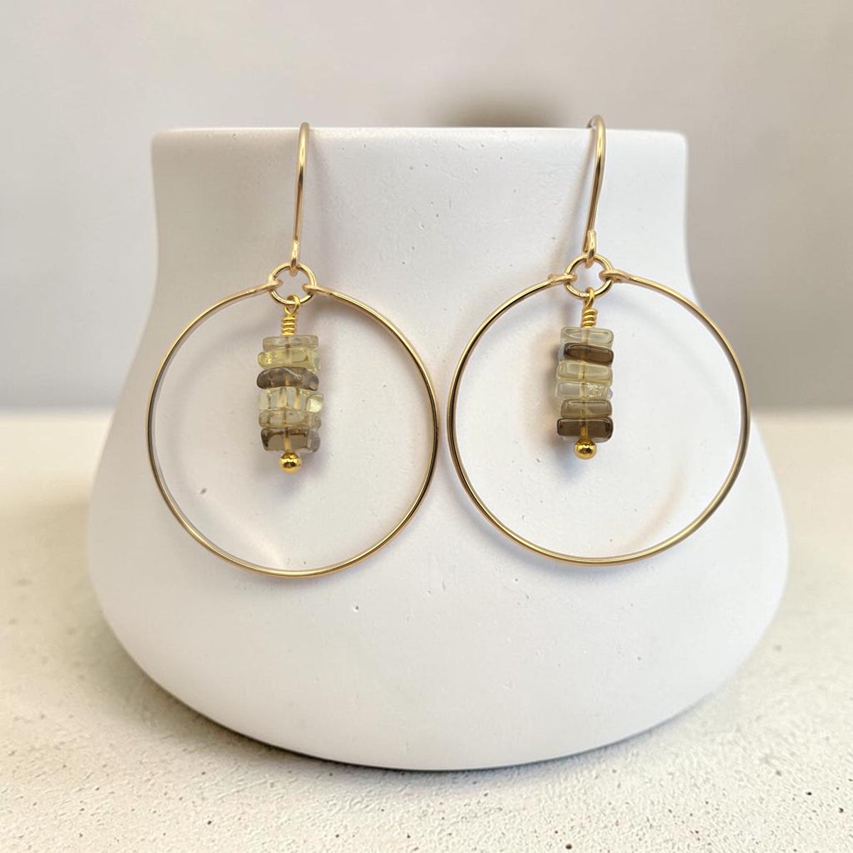 Bijou by SAM handmade gold hoop earrings featuring delicate square-cut bicolor quartz gemstone stacks