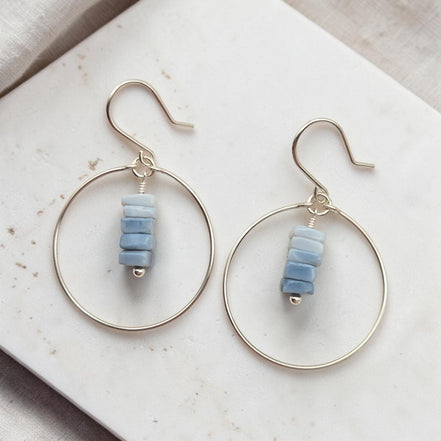 Bijou by SAM handmade hoop earrings featuring a delicate stack of square-cut denim blue opal stones on silver wire.