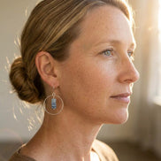 Bijou by SAM handmade hoop earrings featuring a delicate stack of square-cut denim blue opal stones on a woman