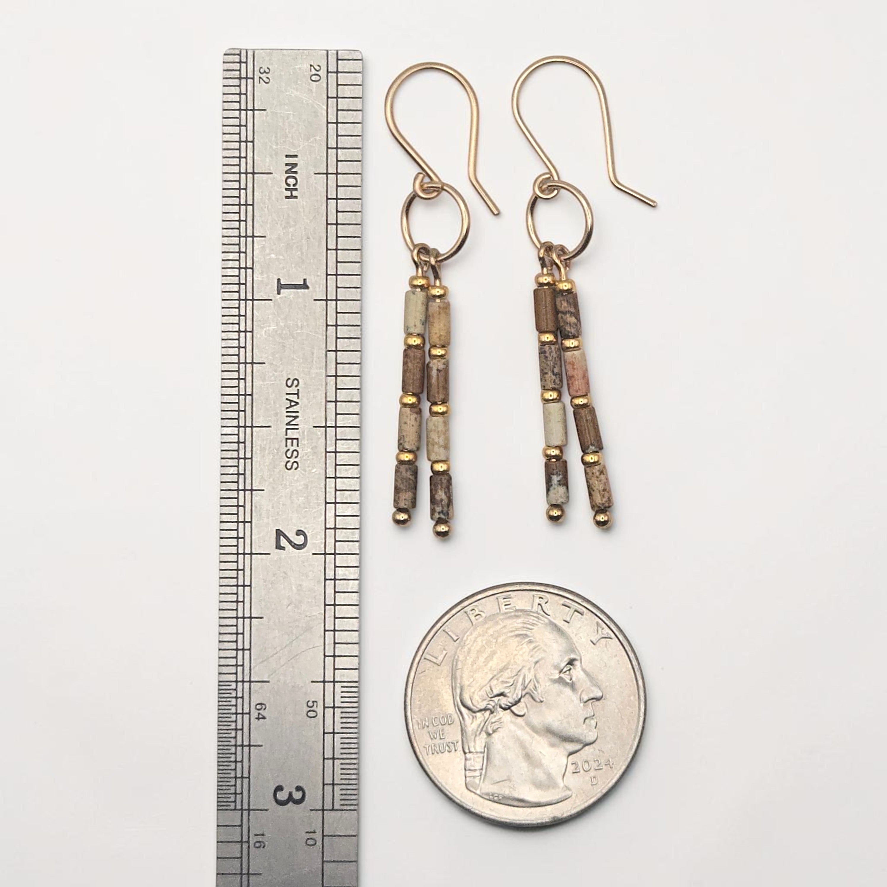Bijou by SAM Canyon Earrings featuring natural Picture Jasper tube beads and gold fill hoops on a white background.