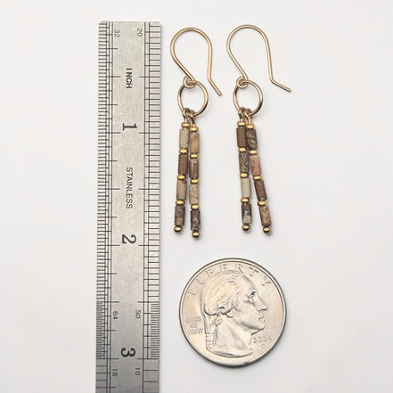 Bijou by SAM Canyon Earrings featuring natural Picture Jasper tube beads and gold fill hoops on a white background.