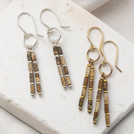 Bijou by SAM Canyon Earrings featuring natural Picture Jasper tube beads with gold and silver dangle accents.