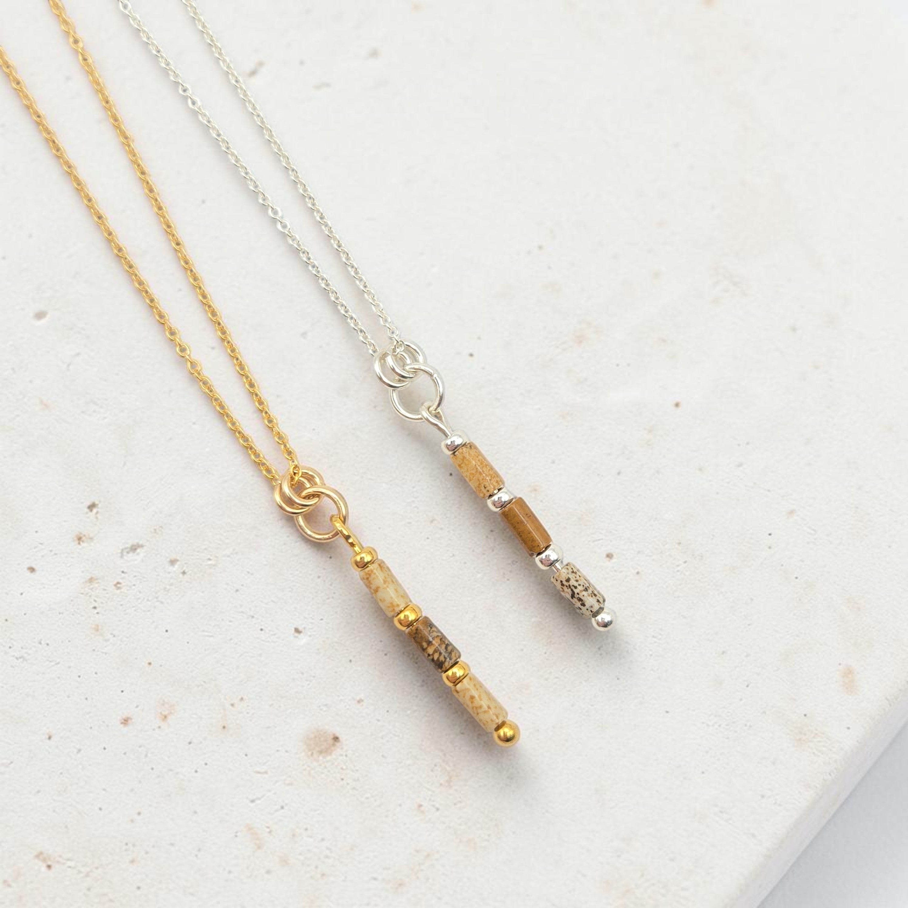 Bijou by SAM Canyon necklaces featuring natural Picture Jasper tube beads on 14k gold fill and sterling silver chains.