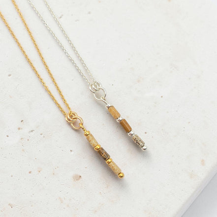 Bijou by SAM Canyon necklaces featuring natural Picture Jasper tube beads on 14k gold fill and sterling silver chains.
