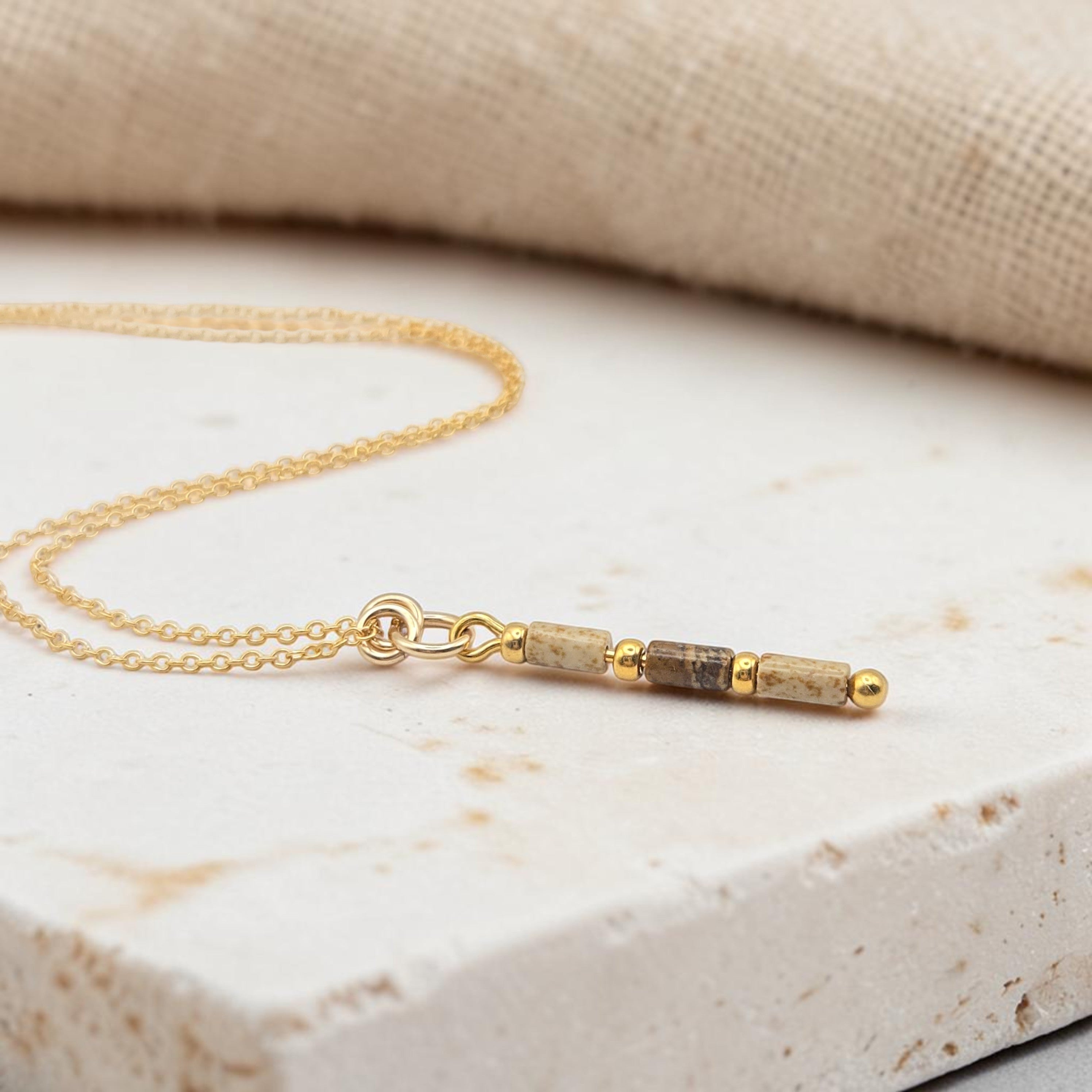 Bijou by SAM Canyon Necklace featuring natural Picture Jasper tube beads on a delicate 14k gold fill chain.