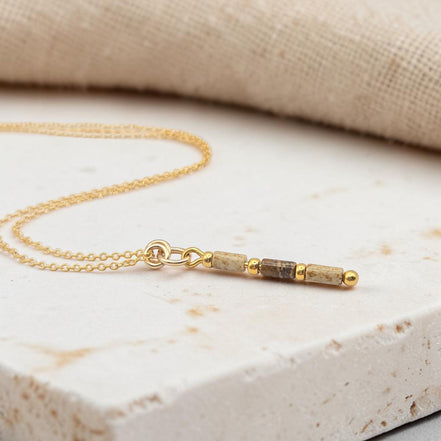 Bijou by SAM Canyon Necklace featuring natural Picture Jasper tube beads on a delicate 14k gold fill chain.