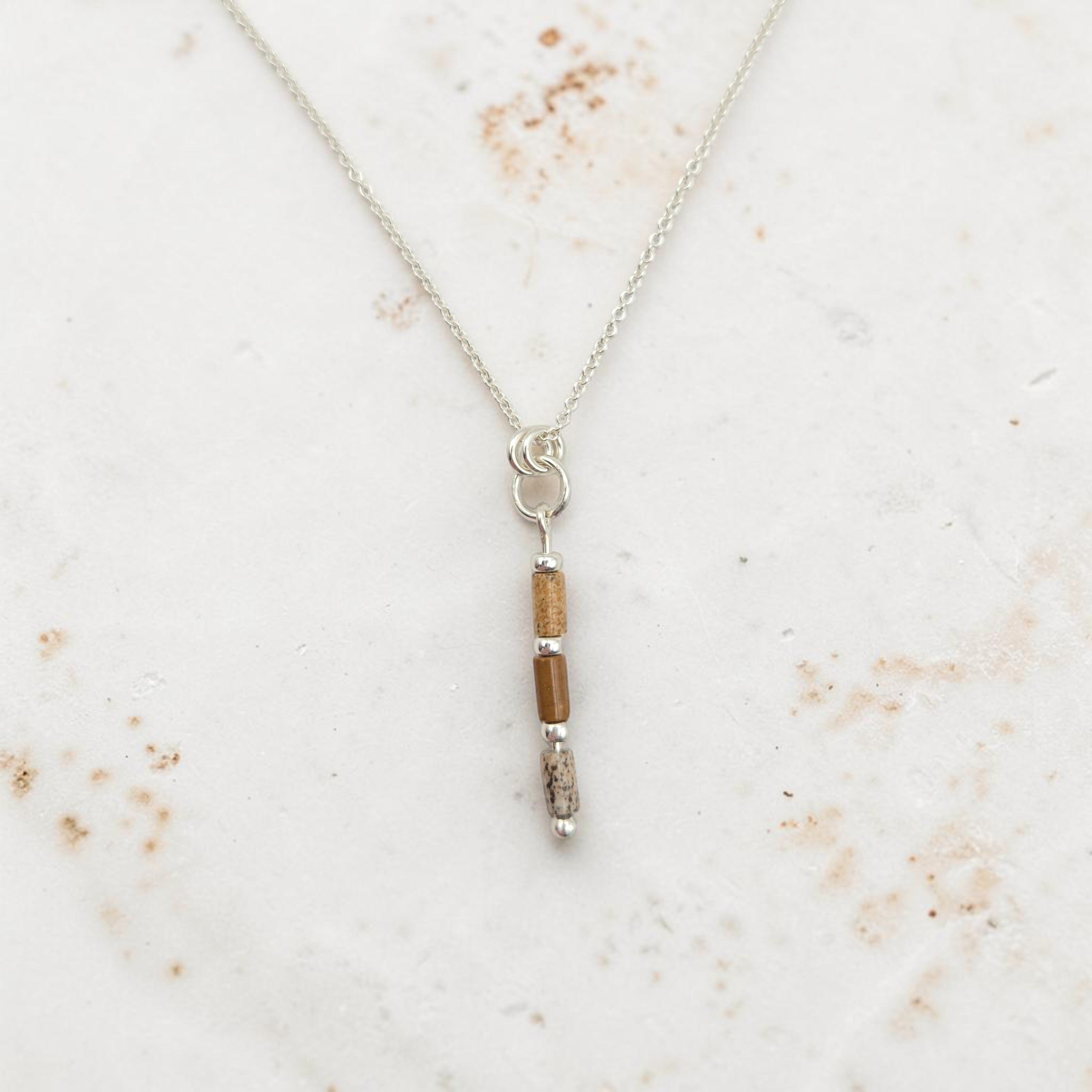 Bijou by SAM Canyon Necklace featuring natural Picture Jasper tube beads on a delicate sterling silver chain.