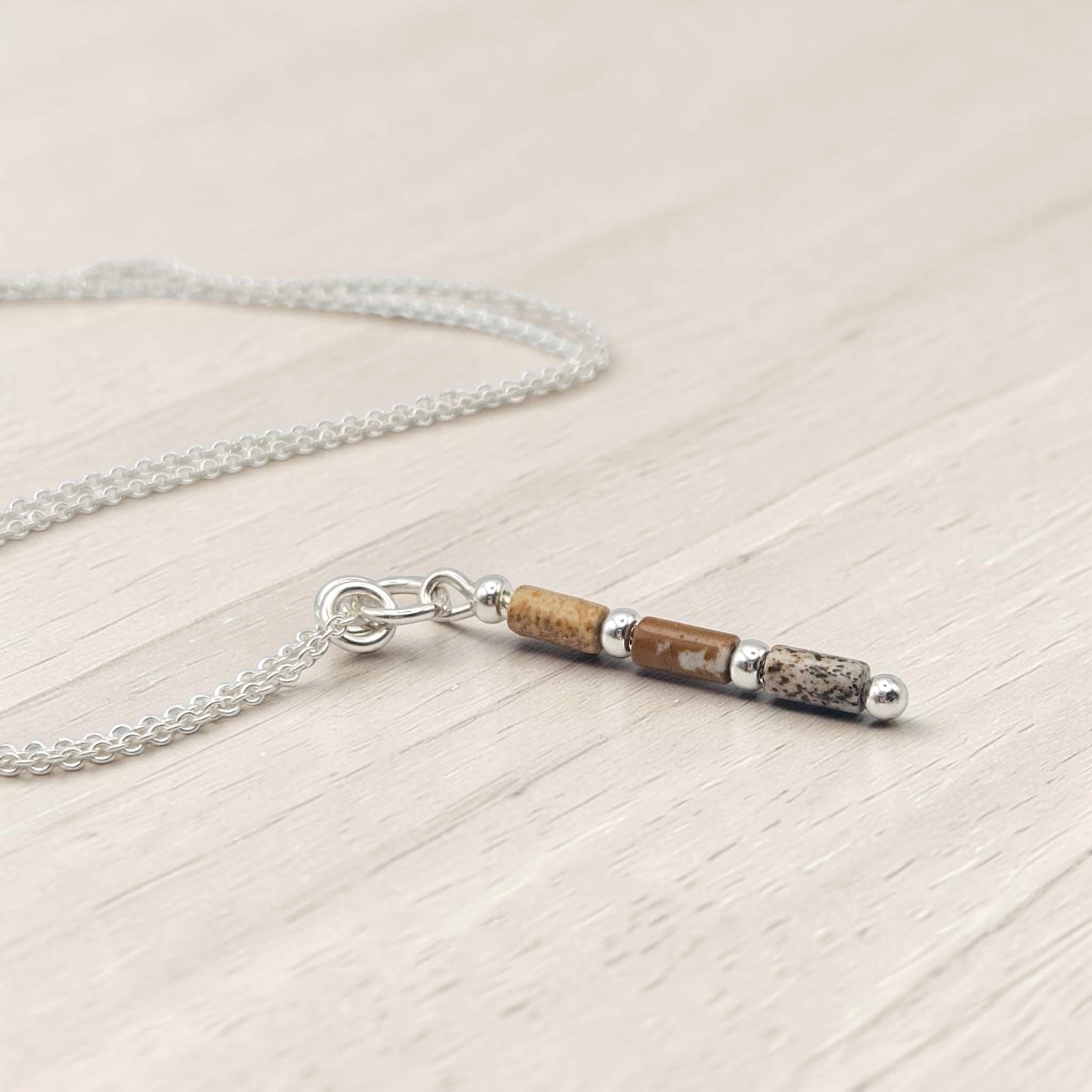 Bijou by SAM Canyon Necklace featuring natural Picture Jasper tube beads on a delicate sterling silver chain.