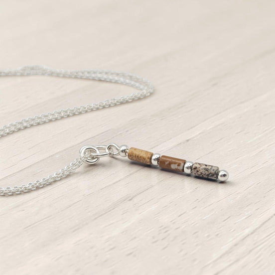 Bijou by SAM Canyon Necklace featuring natural Picture Jasper tube beads on a delicate sterling silver chain.