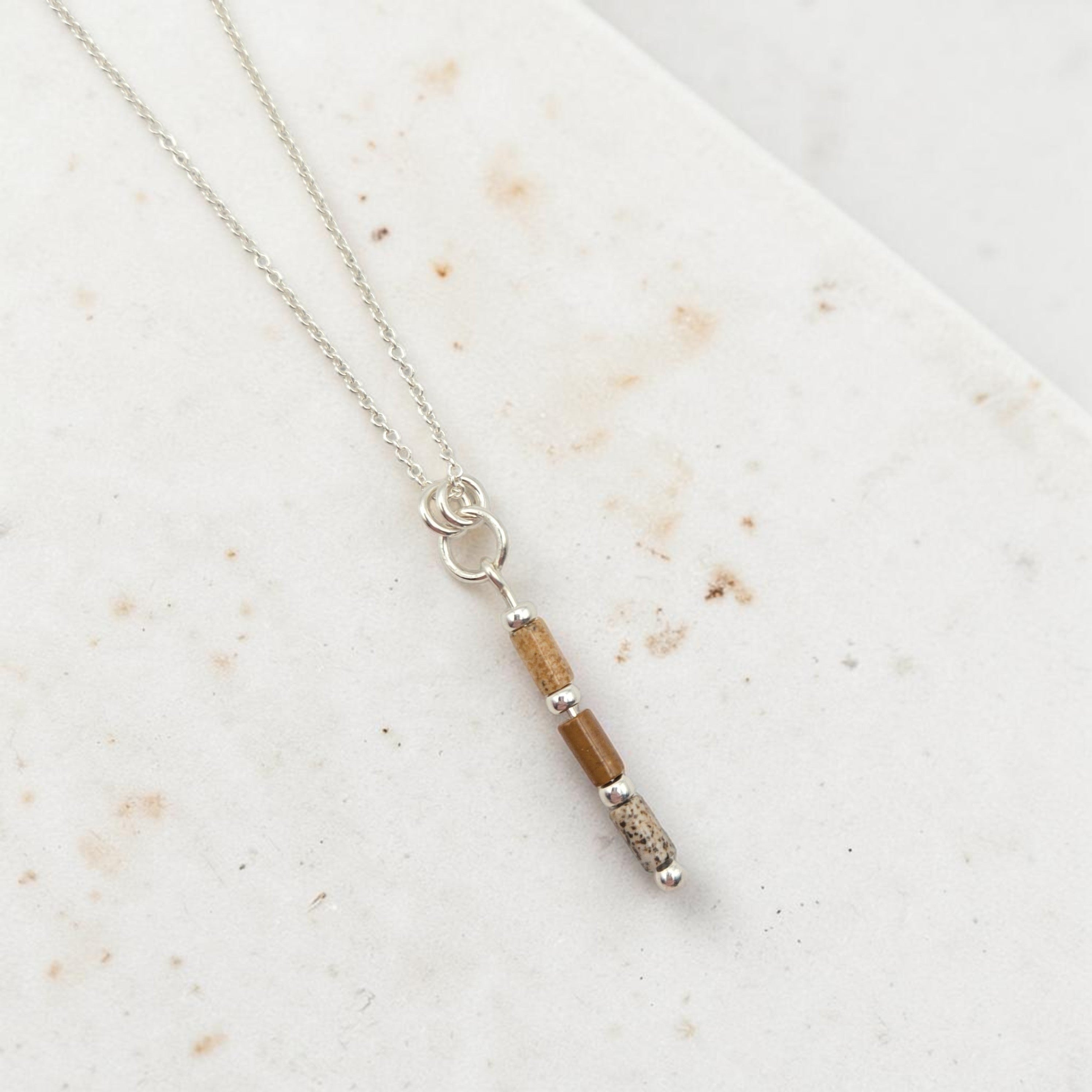 Bijou by SAM Canyon Necklace featuring natural Picture Jasper tube beads on a delicate sterling silver chain.