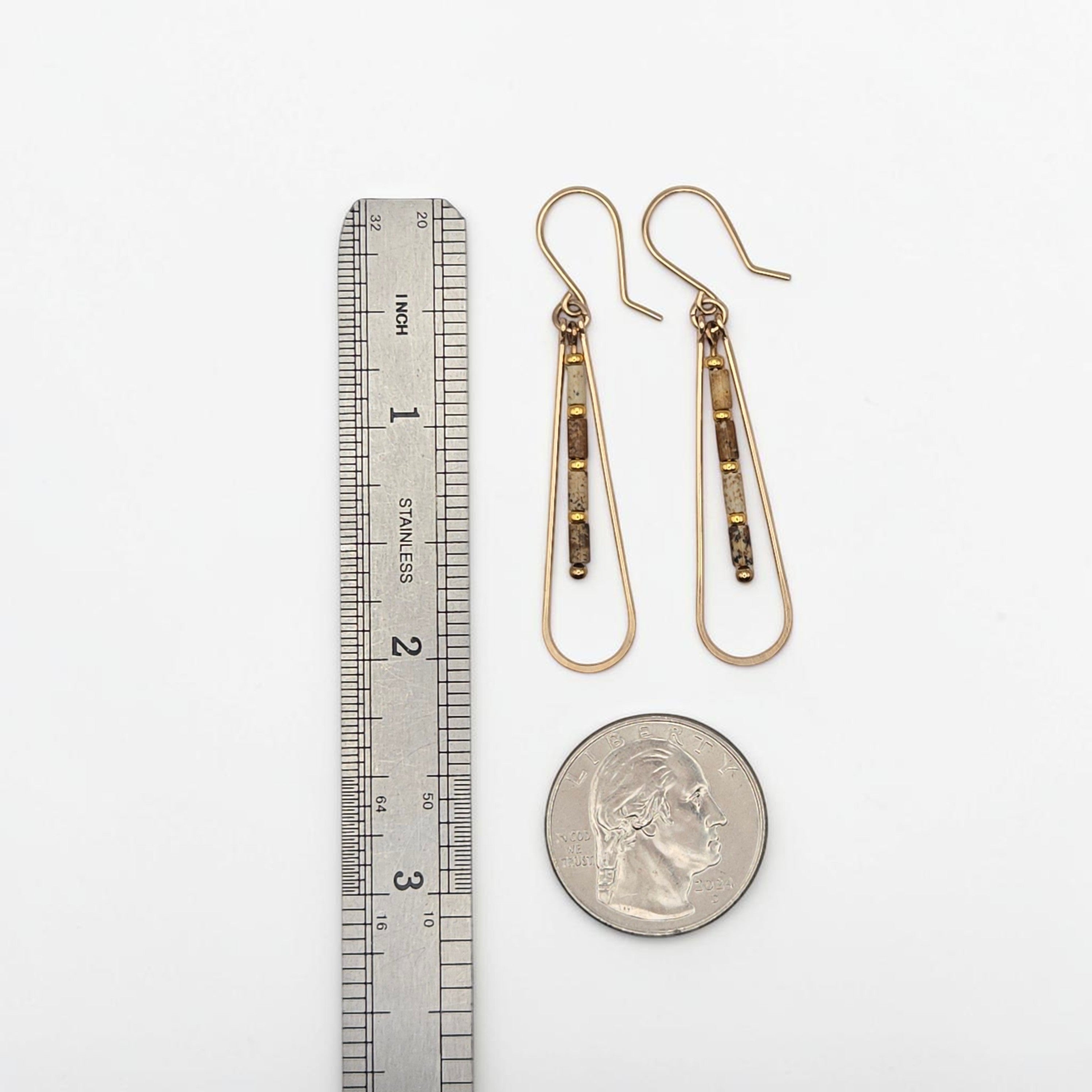 Bijou by SAM Canyon Teardrop Hoops with Picture Jasper beads and 14k gold fill wire, shown with ruler and coin for scale.