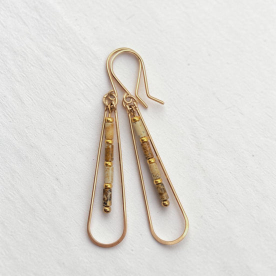 Bijou by SAM Canyon Teardrop Hoops featuring earthy Picture Jasper tube beads and 14k gold fill wire dangles.